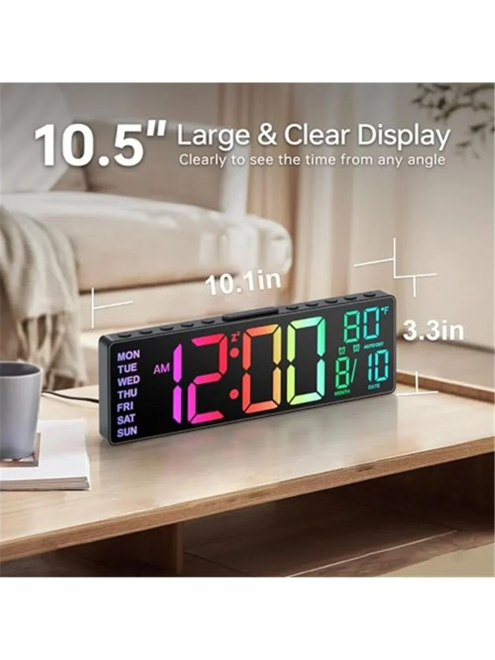 Large Digital Wall Clock For Seniors 10 5 Inch LED Calendar Day Date Temperature